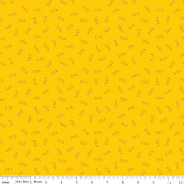 Image of the FFA Forever Blue 2 Logo Toss Yellow quilting cotton fabric by Riley Blake Designs. Features text on a yellow background. Official Licensed Product. Cute Little Fabric Shop