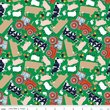 Image of the FFA Forever Blue 2 Animals Green quilting cotton fabric by Riley Blake Designs. Features animals on a green background. Official Licensed Product. Cute Little Fabric Shop