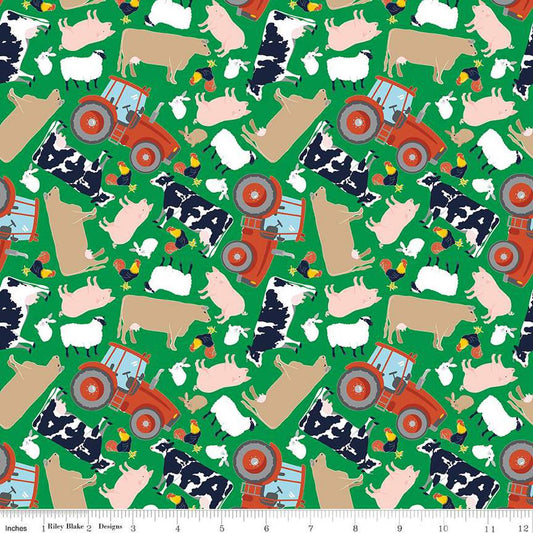 Image of the FFA Forever Blue 2 Animals Green quilting cotton fabric by Riley Blake Designs. Features animals on a green background. Official Licensed Product. Cute Little Fabric Shop