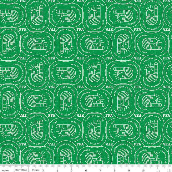 Image of the FFA Forever Blue 2 Farm Patch Green quilting cotton fabric by Riley Blake Designs. Features symbols on a green background. Official Licensed Product. Cute Little Fabric Shop