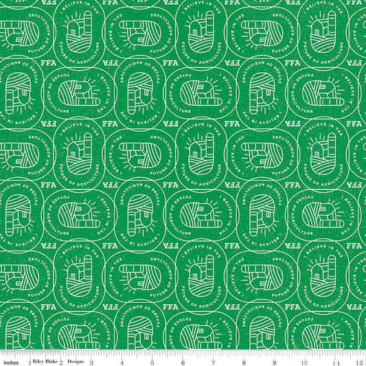 Image of the FFA Forever Blue 2 Farm Patch Green quilting cotton fabric by Riley Blake Designs. Features symbols on a green background. Official Licensed Product. Cute Little Fabric Shop