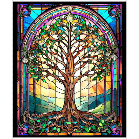 Tree of Life Panel 30758 Multi X - by QT Fabrics - Stained Glass Trees Sunrise  - Quilting Cotton Fabric