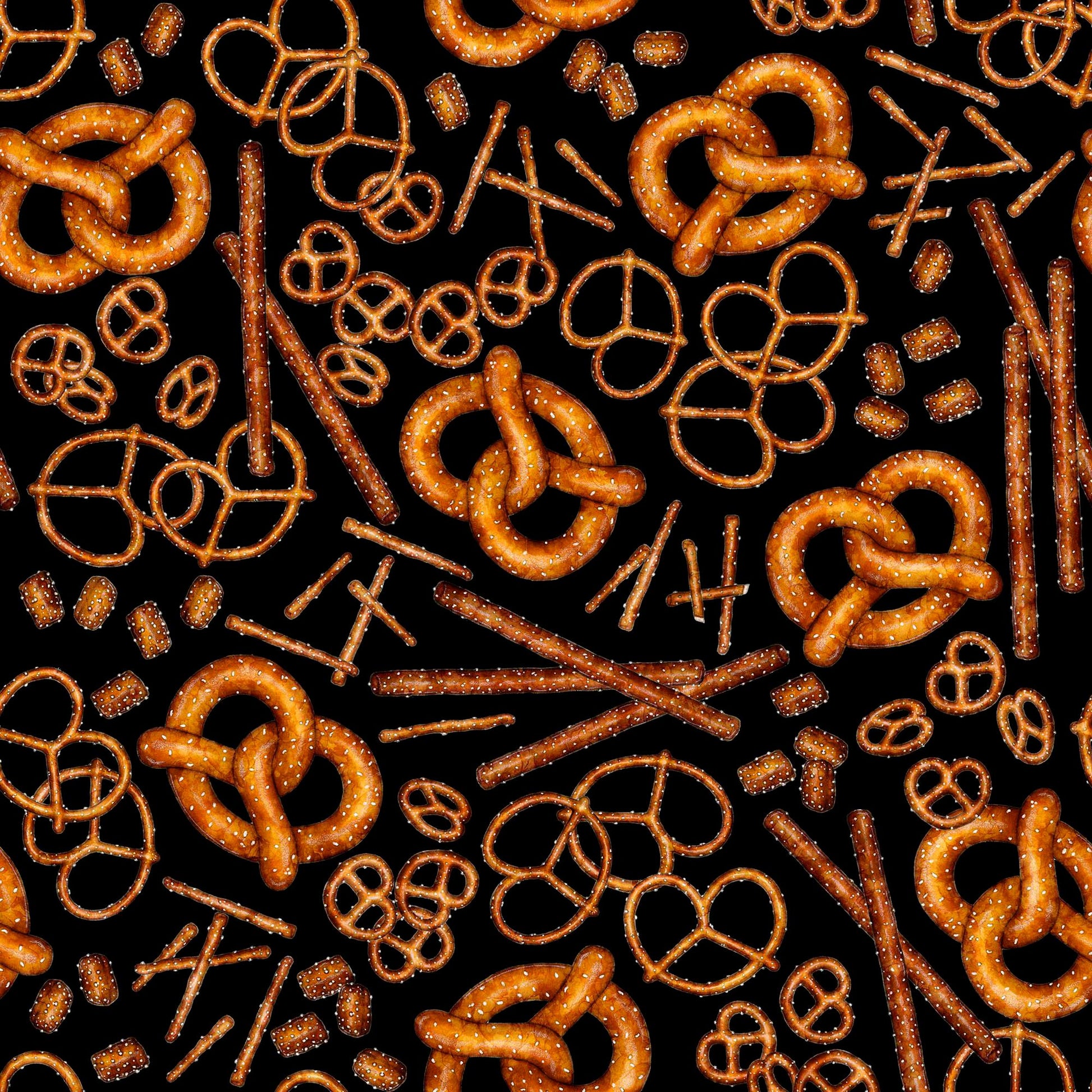 Image of the Brewmaster Pretzels Black quilting cotton by QT Fabrics. Features pretzels on a black background. Cute Little Fabric Shop