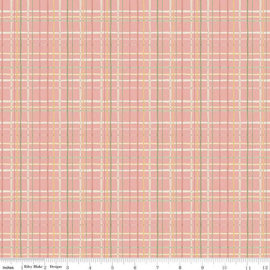 Image of the Love Me More Plaid Coral quilting cotton fabric by Lisa Audit for Riley Blake Designs. Features plaid on a pink background. Cute Little Fabric Shop