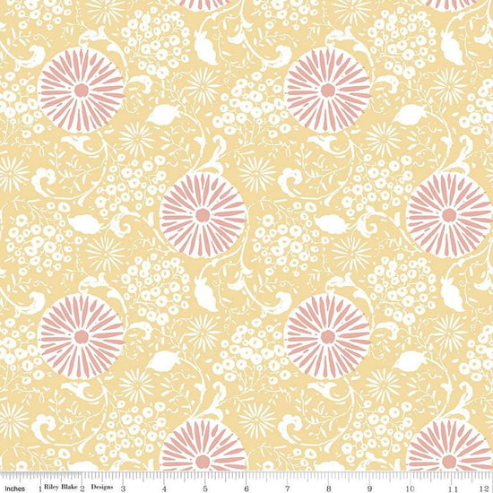 Image of the Love Me More Botanical Yellow quilting cotton fabric by Lisa Audit for Riley Blake Designs. Features flowers on a yellow background. Cute Little Fabric Shop