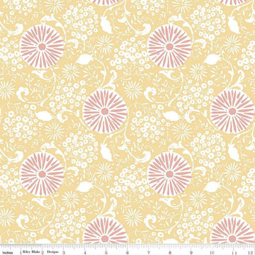 Image of the Love Me More Botanical Yellow quilting cotton fabric by Lisa Audit for Riley Blake Designs. Features flowers on a yellow background. Cute Little Fabric Shop