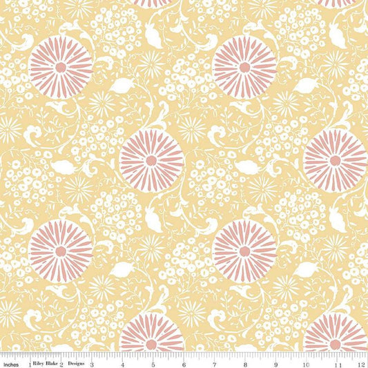 Image of the Love Me More Botanical Yellow quilting cotton fabric by Lisa Audit for Riley Blake Designs. Features flowers on a yellow background. Cute Little Fabric Shop