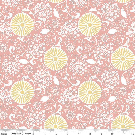 Image of the Love Me More Botanical Coral quilting cotton fabric by Lisa Audit for Riley Blake Designs. Features flowers on a coral background. Cute Little Fabric Shop