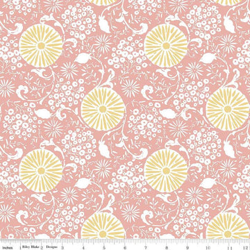 Image of the Love Me More Botanical Coral quilting cotton fabric by Lisa Audit for Riley Blake Designs. Features flowers on a coral background. Cute Little Fabric Shop