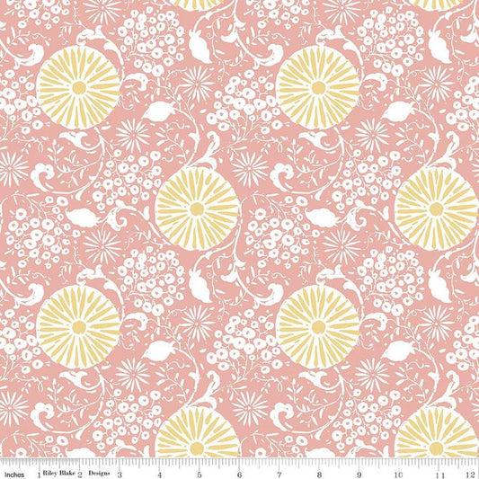 Image of the Love Me More Botanical Coral quilting cotton fabric by Lisa Audit for Riley Blake Designs. Features flowers on a coral background. Cute Little Fabric Shop