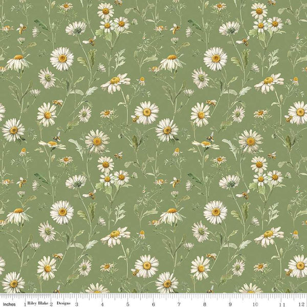 Image of the Love Me More Daisies Green quilting cotton fabric by Lisa Audit for Riley Blake Designs. Features flowers on a green background. Cute Little Fabric Shop