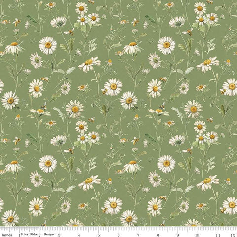 Image of the Love Me More Daisies Green quilting cotton fabric by Lisa Audit for Riley Blake Designs. Features flowers on a green background. Cute Little Fabric Shop