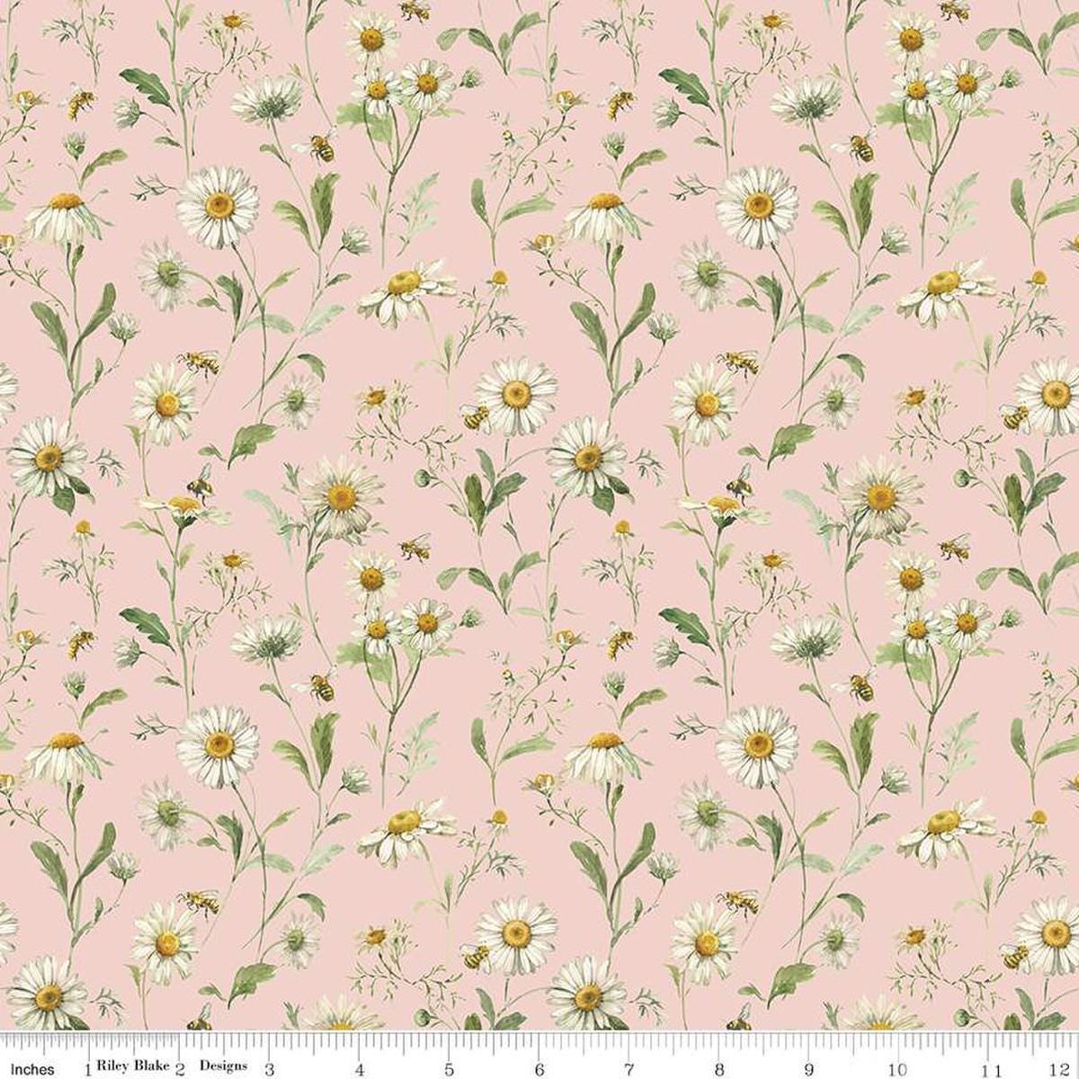 Image of the Love Me More Daisies Blush quilting cotton fabric by Lisa Audit for Riley Blake Designs. Features flowers on a pink background. Cute Little Fabric Shop