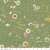 Image of the Love Me More Main Green quilting cotton fabric by Lisa Audit for Riley Blake Designs. Features flowers on a green background. Cute Little Fabric Shop