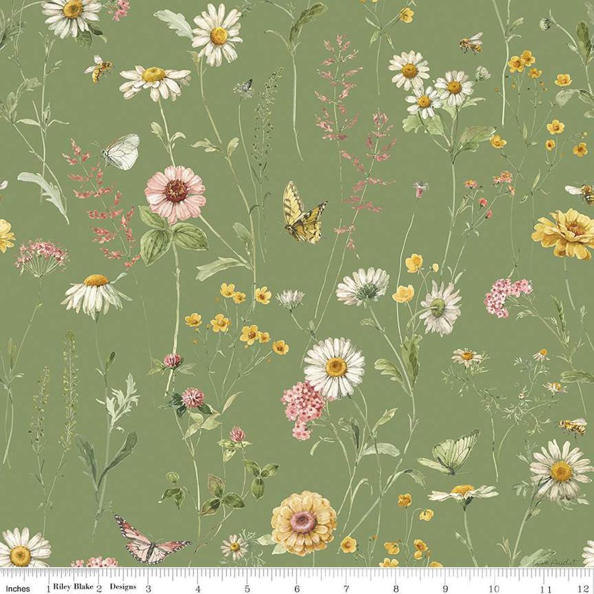 Image of the Love Me More Main Green quilting cotton fabric by Lisa Audit for Riley Blake Designs. Features flowers on a green background. Cute Little Fabric Shop