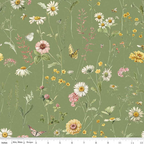 Image of the Love Me More Main Green quilting cotton fabric by Lisa Audit for Riley Blake Designs. Features flowers on a green background. Cute Little Fabric Shop
