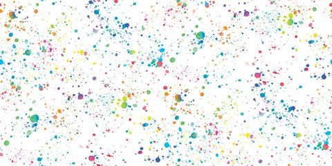 Image of the Gradients Euphoria Splatter Rainbow quilting cotton fabric by Moda Fabrics. Features rainbow paint spots on a white background. Cute Little Fabric Shop