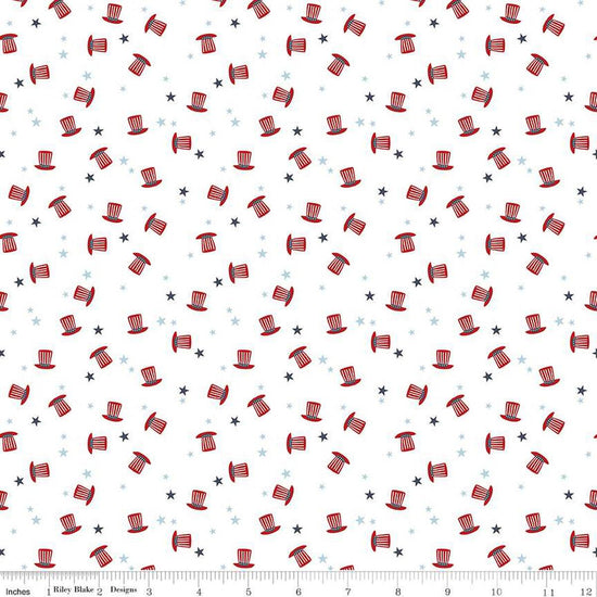 Image of the Stars and Stripes Forever Hats White quilting cotton fabric by Lori Whitlock for Riley Blake Designs. Features hats on a white background. Cute Little Fabric Shop