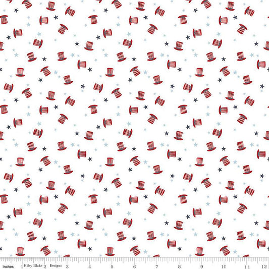 Image of the Stars and Stripes Forever Hats White quilting cotton fabric by Lori Whitlock for Riley Blake Designs. Features hats on a white background. Cute Little Fabric Shop