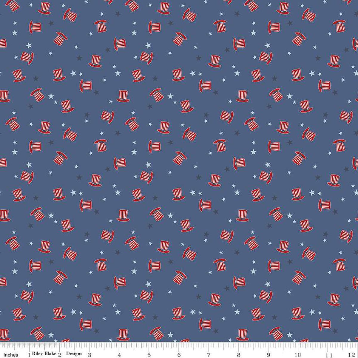 Image of the Stars and Stripes Forever Hats Blue quilting cotton fabric by Lori Whitlock for Riley Blake Designs. Features hats on a blue background. Cute Little Fabric Shop