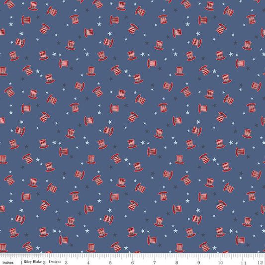 Image of the Stars and Stripes Forever Hats Blue quilting cotton fabric by Lori Whitlock for Riley Blake Designs. Features hats on a blue background. Cute Little Fabric Shop