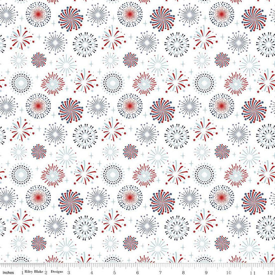 Image of the Stars and Stripes Forever Fireworks White quilting cotton fabric by Lori Whitlock for Riley Blake Designs. Features fireworks on a white background. Cute Little Fabric Shop