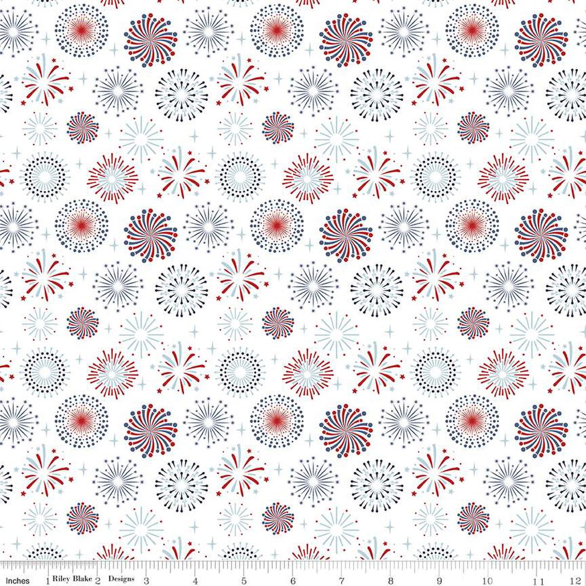 Image of the Stars and Stripes Forever Fireworks White quilting cotton fabric by Lori Whitlock for Riley Blake Designs. Features fireworks on a white background. Cute Little Fabric Shop