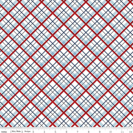 Image of the Stars and Stripes Forever Plaid White quilting cotton fabric by Lori Whitlock for Riley Blake Designs. Features stars on a white background. Cute Little Fabric Shop
