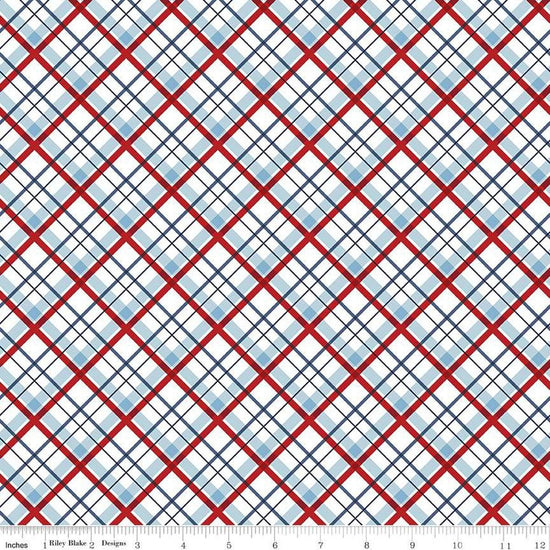 Image of the Stars and Stripes Forever Plaid White quilting cotton fabric by Lori Whitlock for Riley Blake Designs. Features stars on a white background. Cute Little Fabric Shop