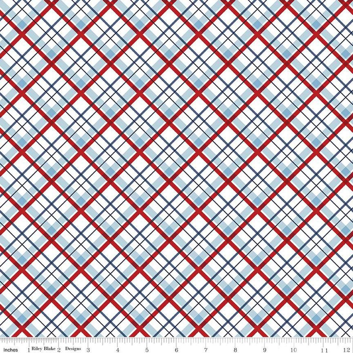 Image of the Stars and Stripes Forever Plaid White quilting cotton fabric by Lori Whitlock for Riley Blake Designs. Features stars on a white background. Cute Little Fabric Shop