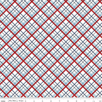 Image of the Stars and Stripes Forever Plaid White quilting cotton fabric by Lori Whitlock for Riley Blake Designs. Features stars on a white background. Cute Little Fabric Shop