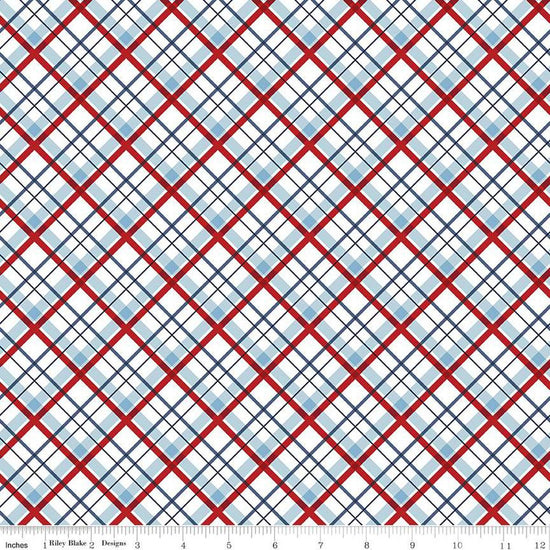 Image of the Stars and Stripes Forever Plaid White quilting cotton fabric by Lori Whitlock for Riley Blake Designs. Features stars on a white background. Cute Little Fabric Shop