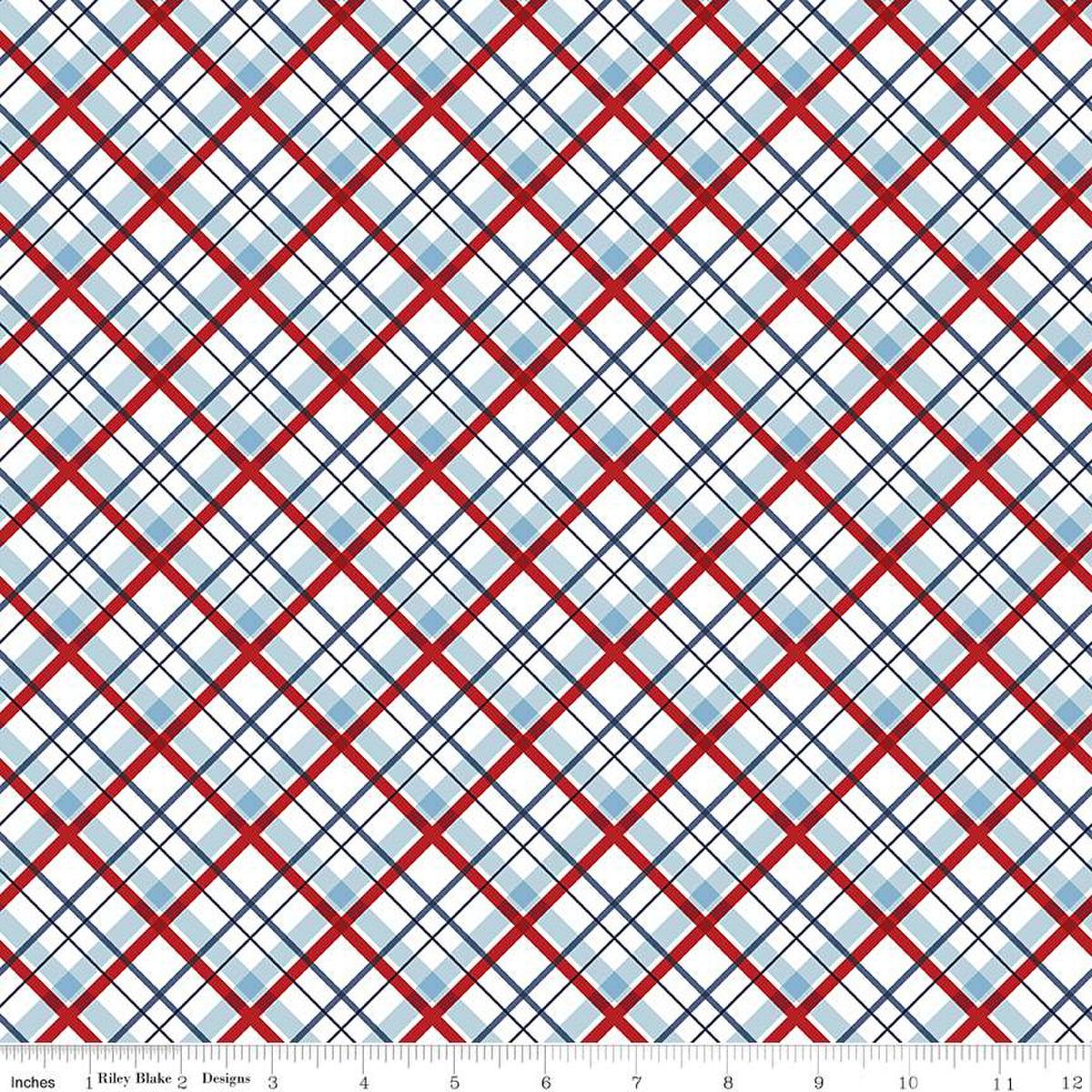 Image of the Stars and Stripes Forever Plaid White quilting cotton fabric by Lori Whitlock for Riley Blake Designs. Features stars on a white background. Cute Little Fabric Shop