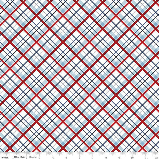 Image of the Stars and Stripes Forever Plaid White quilting cotton fabric by Lori Whitlock for Riley Blake Designs. Features stars on a white background. Cute Little Fabric Shop