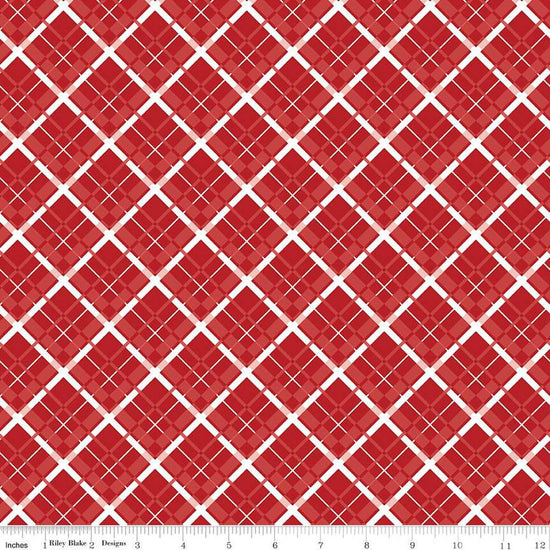 Image of the Stars and Stripes Forever Plaid Red quilting cotton fabric by Lori Whitlock for Riley Blake Designs. Features stars on a red background. Cute Little Fabric Shop