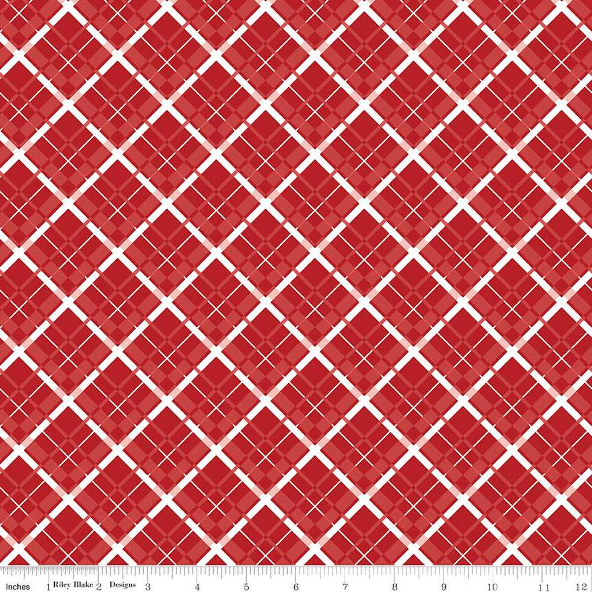 Image of the Stars and Stripes Forever Plaid Red quilting cotton fabric by Lori Whitlock for Riley Blake Designs. Features stars on a red background. Cute Little Fabric Shop