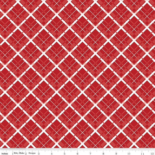 Image of the Stars and Stripes Forever Plaid Red quilting cotton fabric by Lori Whitlock for Riley Blake Designs. Features stars on a red background. Cute Little Fabric Shop