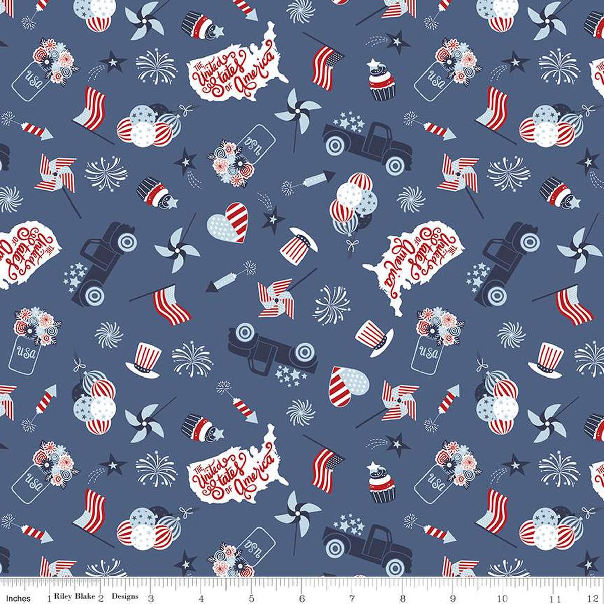 Image of the Stars and Stripes Forever Main Blue quilting cotton fabric by Lori Whitlock for Riley Blake Designs. Features patriotic things on a blue background. Cute Little Fabric Shop