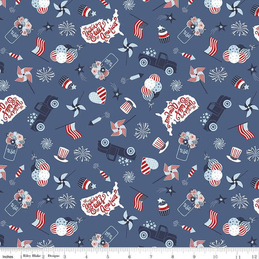 Image of the Stars and Stripes Forever Main Blue quilting cotton fabric by Lori Whitlock for Riley Blake Designs. Features patriotic things on a blue background. Cute Little Fabric Shop