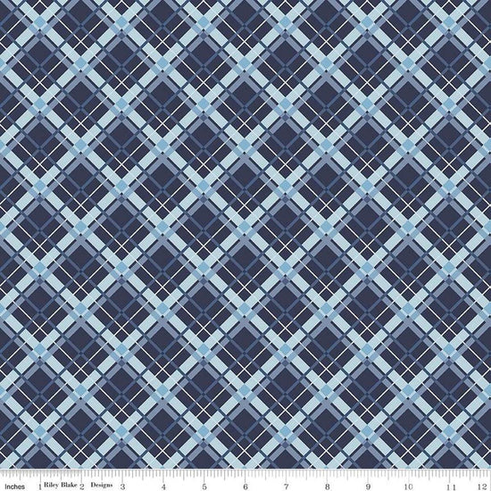 Image of the Stars and Stripes Forever Plaid Blue quilting cotton fabric by Lori Whitlock for Riley Blake Designs. Features stars on a blue background. Cute Little Fabric Shop