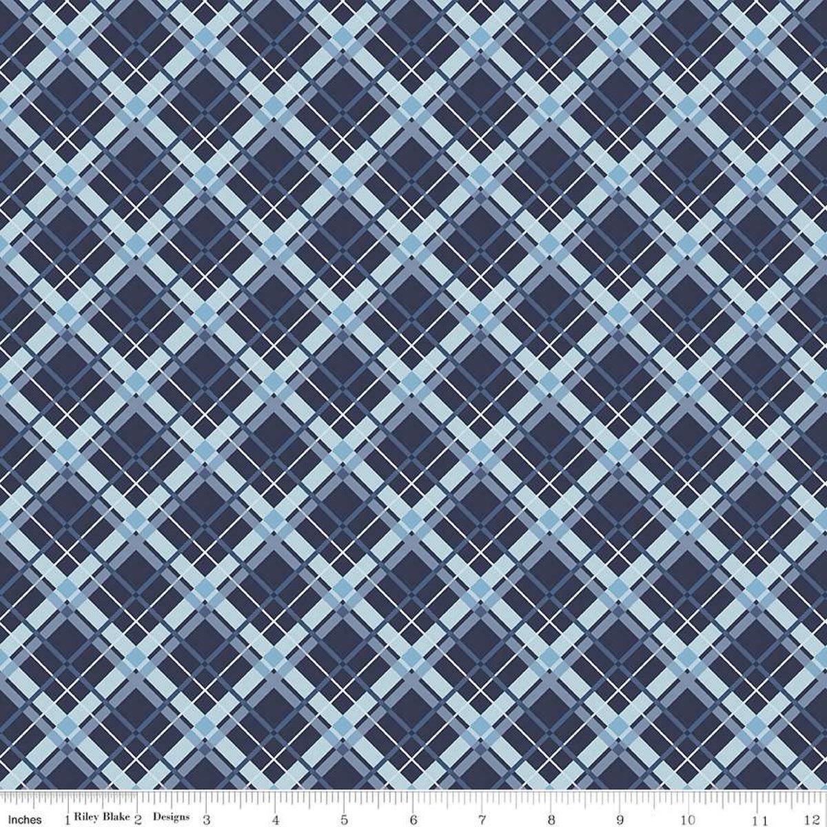 Image of the Stars and Stripes Forever Plaid Blue quilting cotton fabric by Lori Whitlock for Riley Blake Designs. Features stars on a blue background. Cute Little Fabric Shop