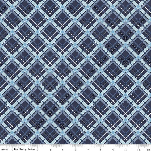 Image of the Stars and Stripes Forever Plaid Blue quilting cotton fabric by Lori Whitlock for Riley Blake Designs. Features stars on a blue background. Cute Little Fabric Shop