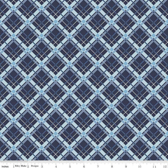 Image of the Stars and Stripes Forever Plaid Blue quilting cotton fabric by Lori Whitlock for Riley Blake Designs. Features stars on a blue background. Cute Little Fabric Shop