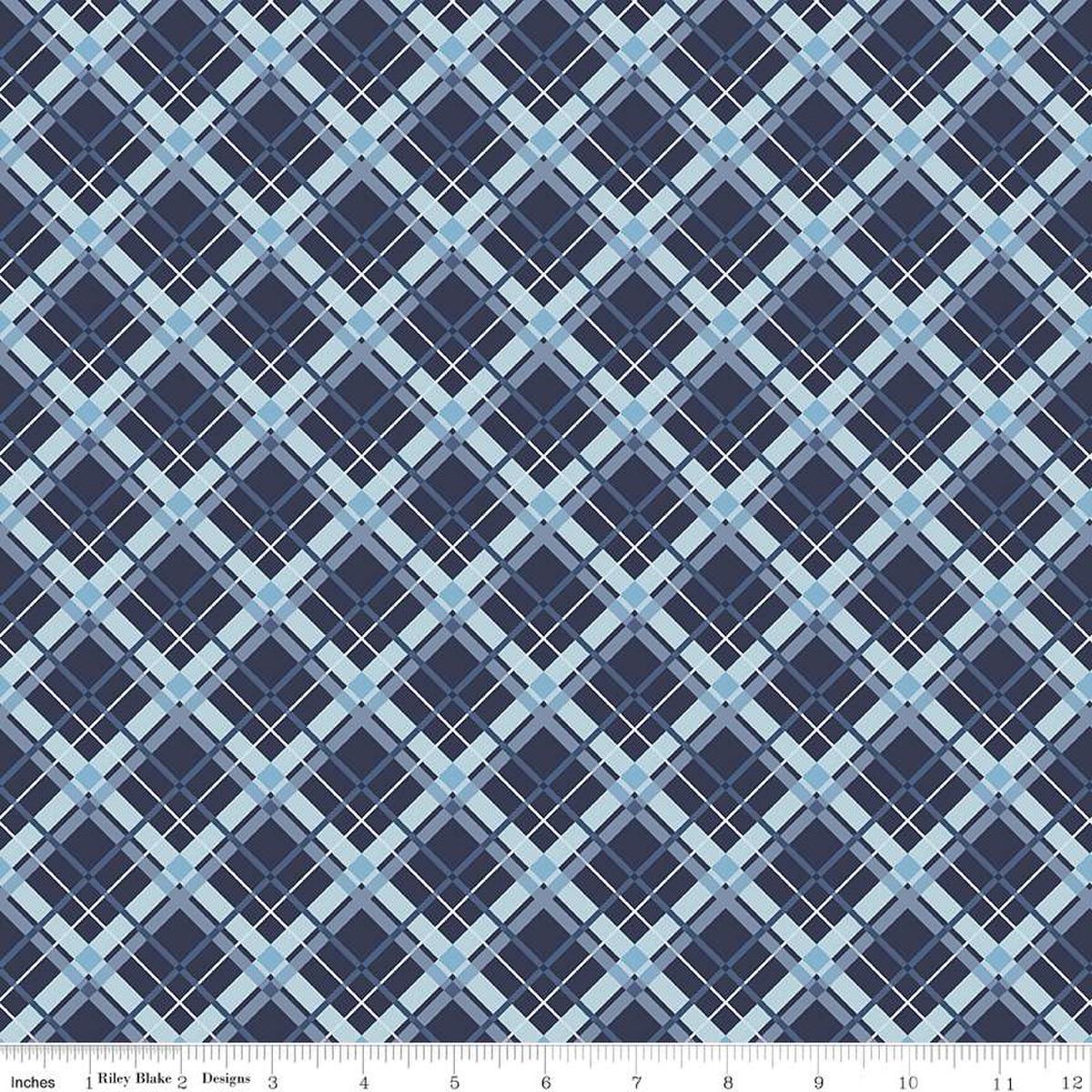 Image of the Stars and Stripes Forever Plaid Blue quilting cotton fabric by Lori Whitlock for Riley Blake Designs. Features stars on a blue background. Cute Little Fabric Shop