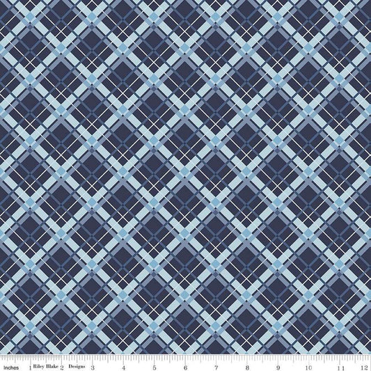 Image of the Stars and Stripes Forever Plaid Blue quilting cotton fabric by Lori Whitlock for Riley Blake Designs. Features stars on a blue background. Cute Little Fabric Shop