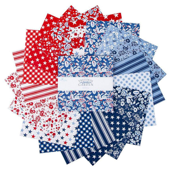 Image of the Freedom Garden 10 inch stacker by My Mind&#39;s Eye for Riley Blake Designs. Features red white and blue fabrics. 
Cute Little Fabric Shop