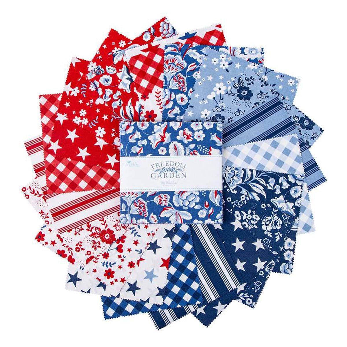 Image of the Freedom Garden 5 inch stacker by My Minds Eye for Riley Blake Designs. Features red white and blue fabrics. 
Cute Little Fabric Shop