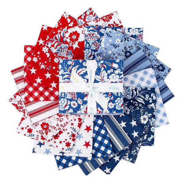 Image of the Freedom Garden fat quarter bundle by My Minds Eye for Riley Blake Designs. Features red white and blue fabrics. 
Cute Little Fabric Shop