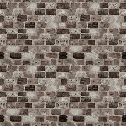 Image of the Dragon Dreams Castles Wall Smoke quilting cotton fabric by Dan Morris for QT Fabrics. Features bricks on a gray background. Cute Little Fabric Shop