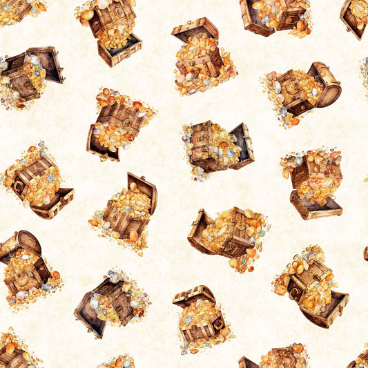 Image of the Dragon Dreams Treasure Chests Cream quilting cotton fabric by Dan Morris for QT Fabrics. Features treasure on a cream background. Cute Little Fabric Shop